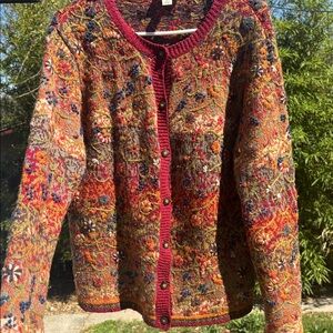Talbots Multicolor Floral Embroidered Cardigan with Maroon Trim